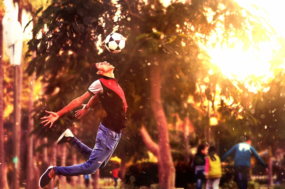 person, playing, soccer, sunset, soccer ball, football, boy, player, jump, motion