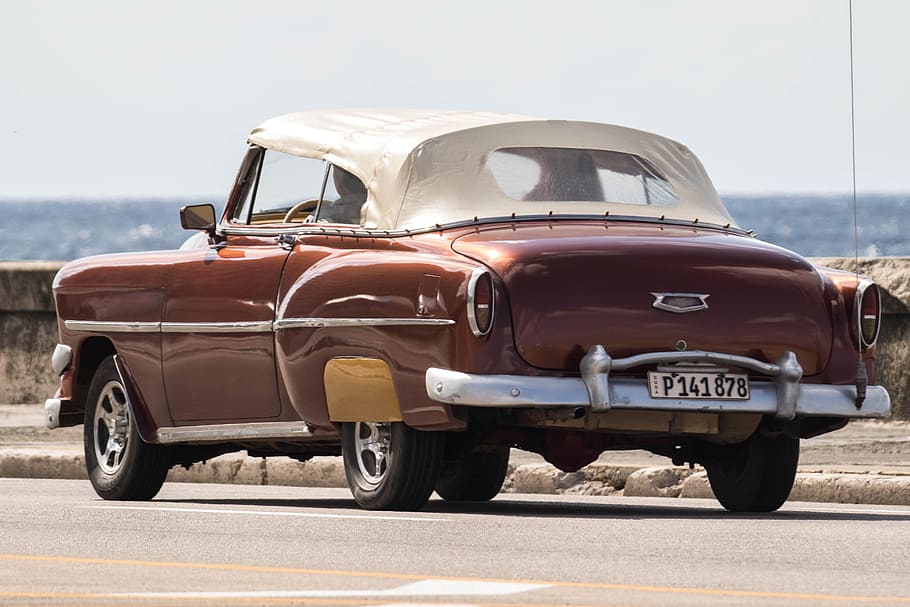 classic, brown, soft-top coupe, gray, asphalted road, body, water, cuba, havana, car