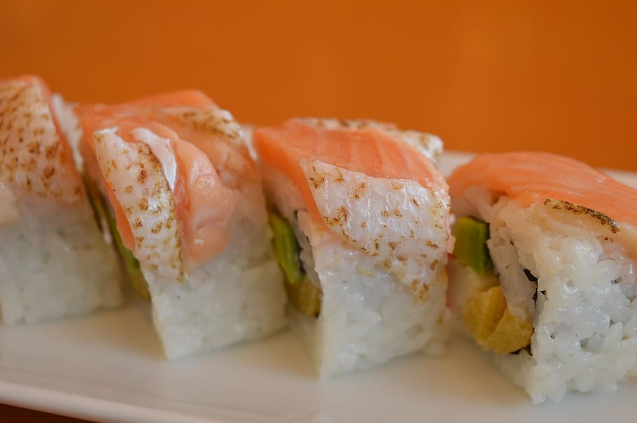 salmon sushi, plate, sushi, salmon, seafood, fish, japanese, food, meal, cuisine