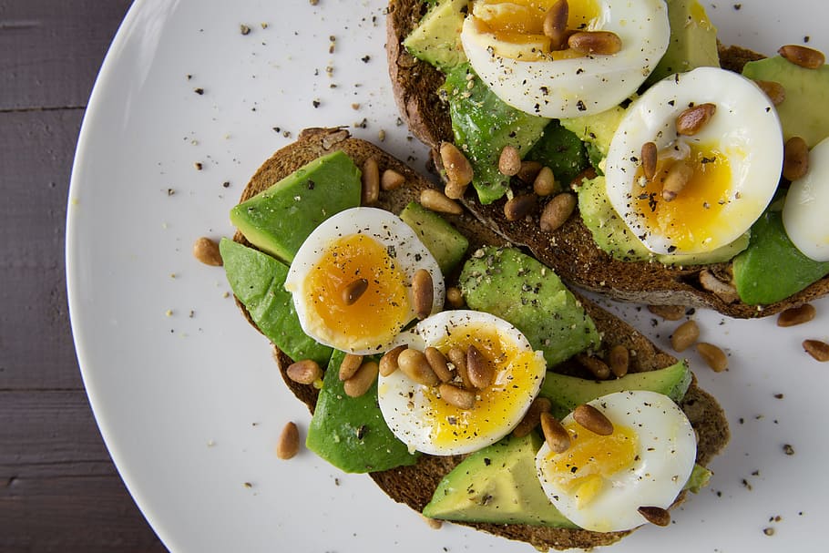 avocado, toasted, walnut bread, Soft-boiled eggs, walnut, bread, food/Drink, breakfast, food, healthy