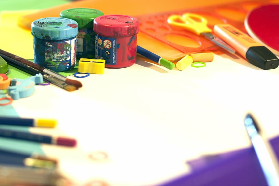 assorted, colored, paint bottles, art brush, scissors, school supplies, color, plastic, painting, tempera