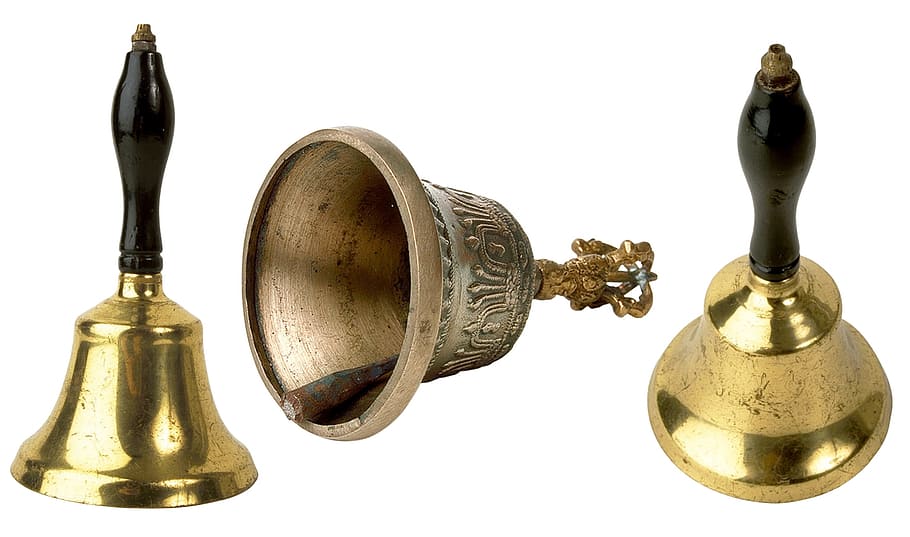 three, black, handled, gold-colored hand bells, Bell, Accessory, Melodic, Music, Utensil, melodic, music