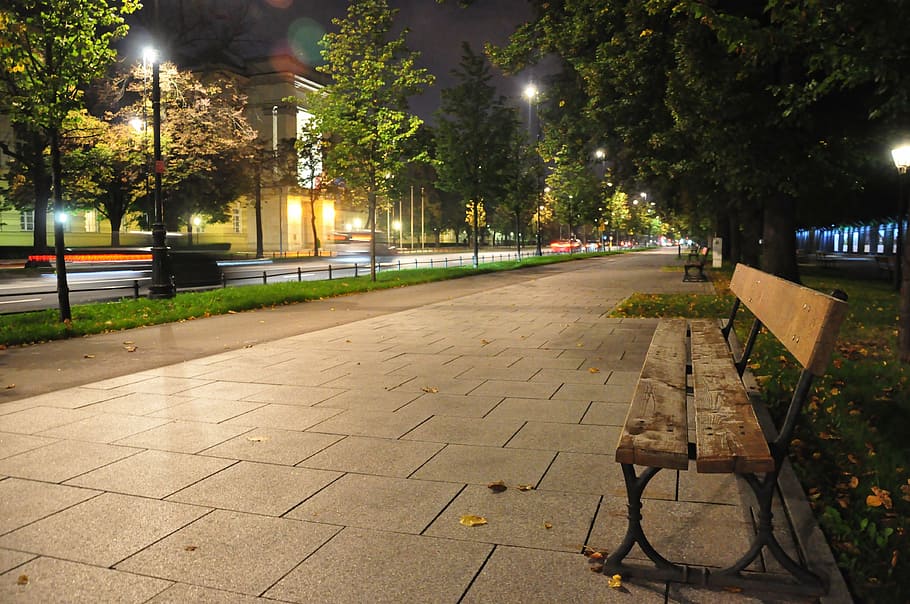 empty, benches, park, road, warsaw, street, evening, autumn, poland, night