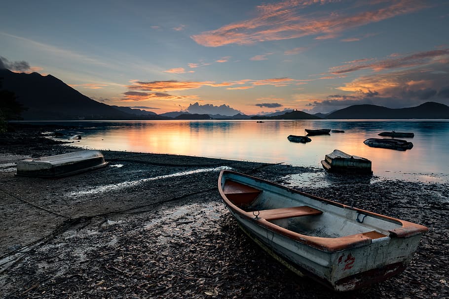 brown, white, boat, lake side, sunset, morning, sunrise, sea, mountain, natural