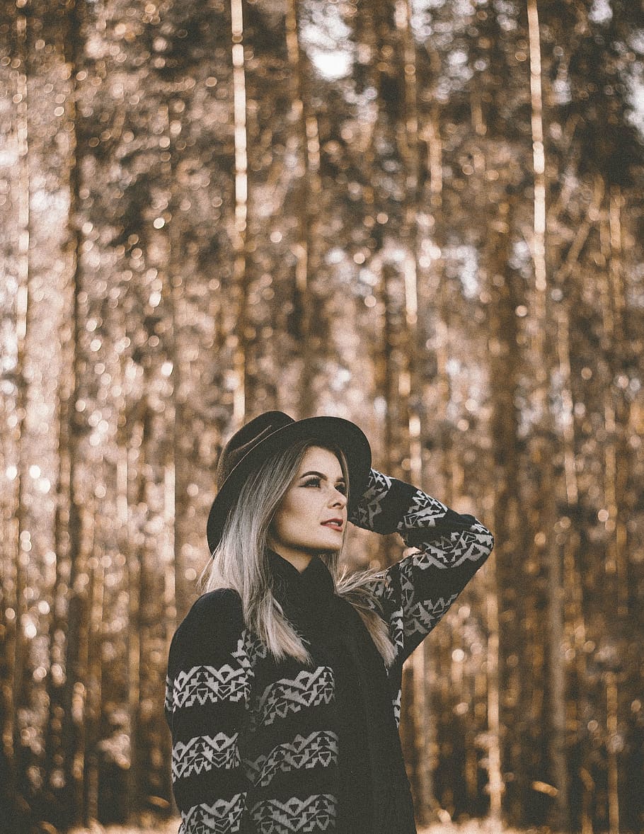 woman, standing, trees, daytime, nature, people, hat, blonde, beauty, face
