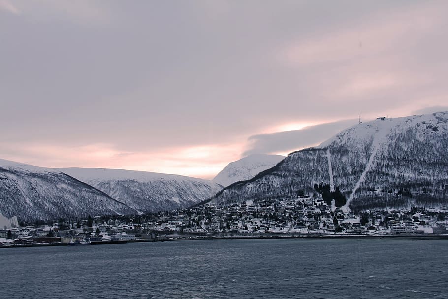 arctic, beautiful, sky, habour, mountain, cloud, morning, calm, cold, winter