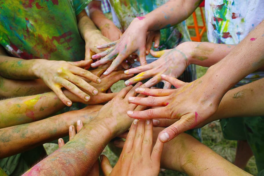 high-angle photography, people, hands, paints, colorful, paint, splatters, painting, friendship, unity