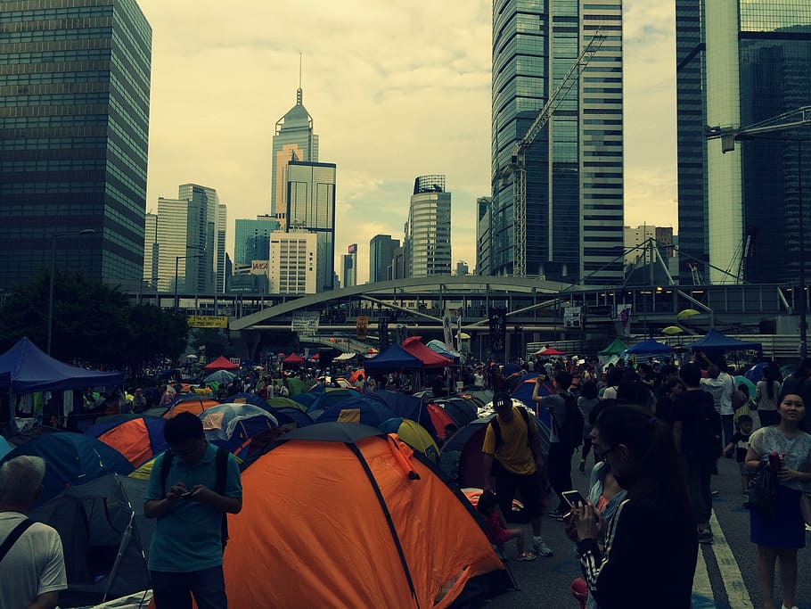 hong kong, protest, tents, people, streets, crowd, busy, buildings, city, architecture