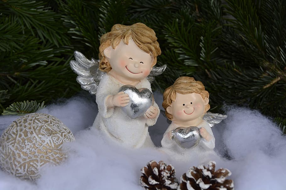 two, cherubs, holding, silver heart figurine, Christmas, Angel, Angel, Angel, Angel Wings, christmas, angel, decoration