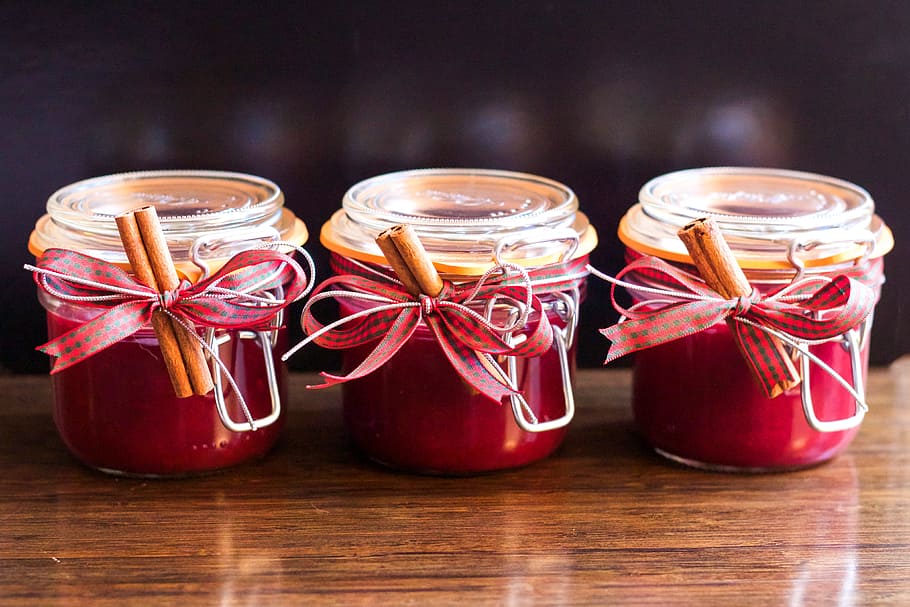 three, red, scented, candles, aligned, jam, jar, christmas, homemade, cranberry