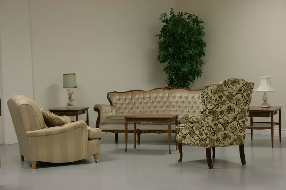 brown-and-gray couch, set, two, white, table lamps, brown, table, lamps, living room, interior