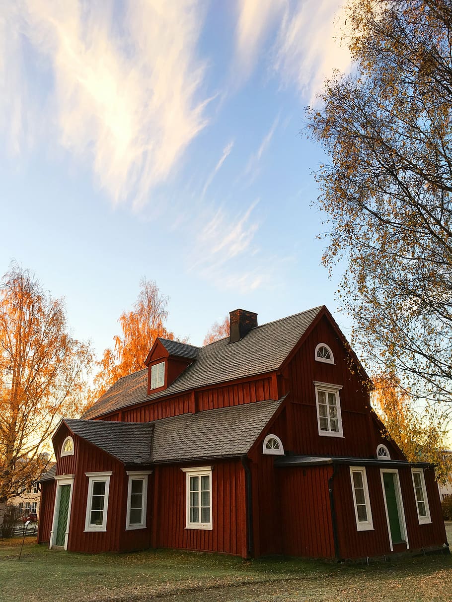 red, painted, house, blue, sky, skellefteå, nordanå, himmel, roof, sky blue