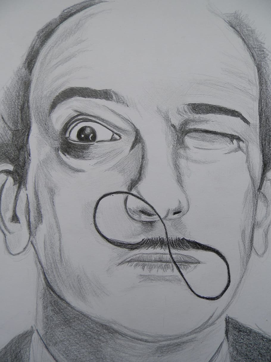 Salvador Dalí, Drawing, Artwork, people, human Face, one Person, human body part, human head, human eye, close-up