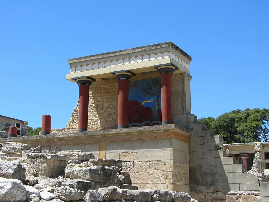 antiga, ruínas, azul, céu, afresco, touro, palácio de knossos, minoans, ilha de creta, grécia