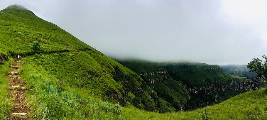 hiking, drakensberg, green, cloudy, clouds, environment, green color, scenics - nature, plant, beauty in nature