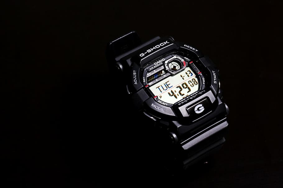 round, black, casio g-shock, digital, watch, displaying, 4:29, casio, g, shock