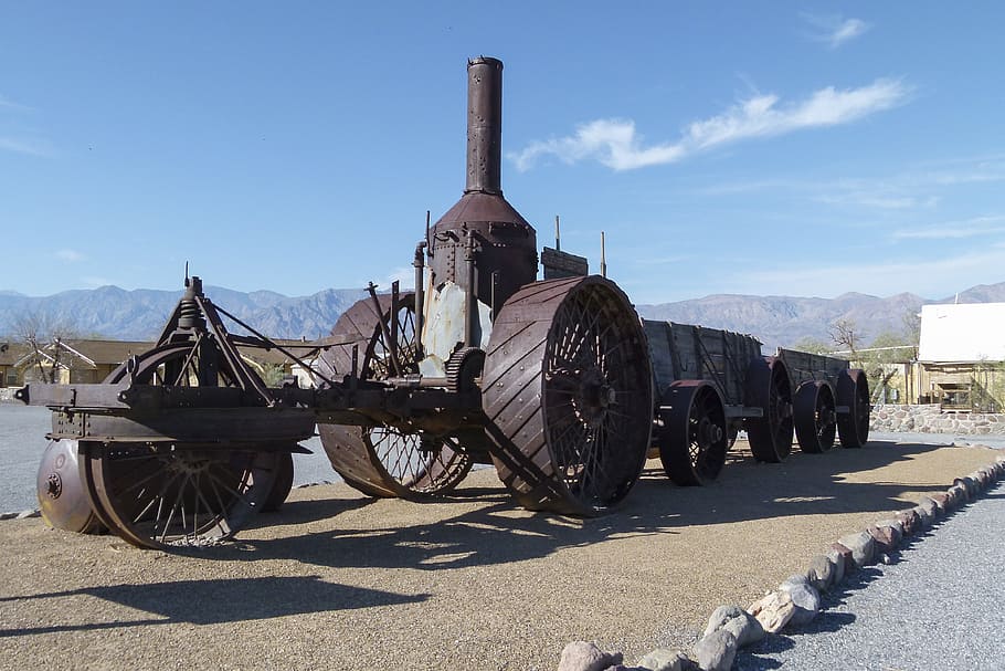 steam tractor, ore wagon, antique, vintage, mining, transportation, heritage, death valley, california, usa
