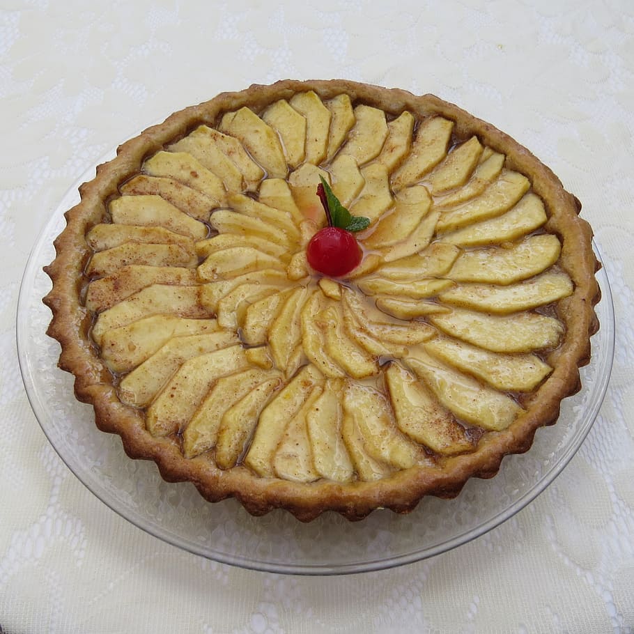 pie, glass plate, apple pie, cakes, desserts, food, pastry, sweet, apple, piecrust