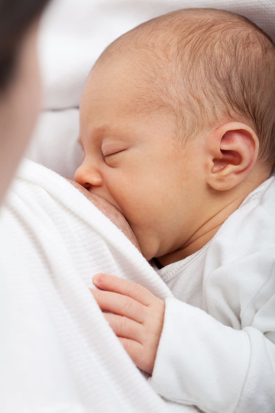 baby, wearing, white, pajama shirt, pajama, shirt, breast, breastfeeding, care, child