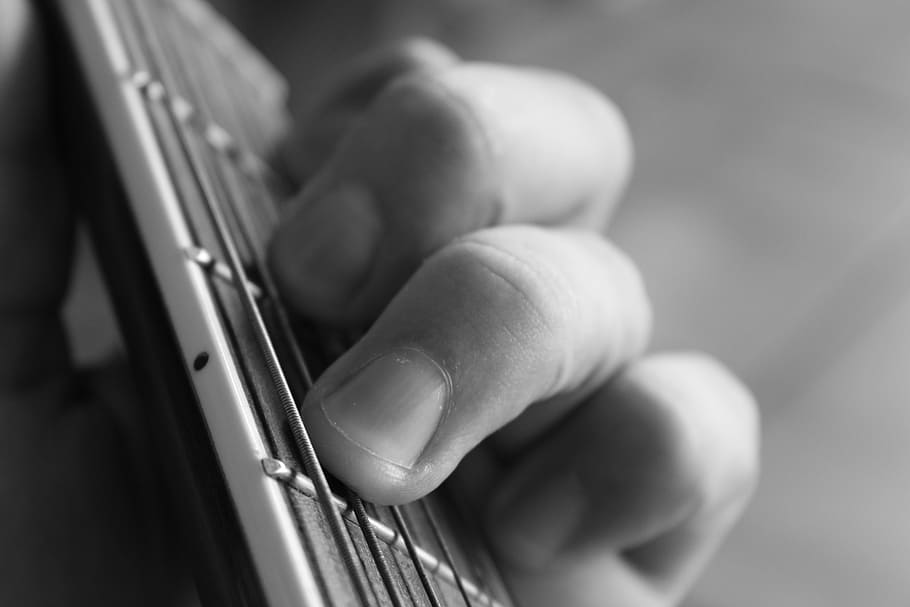 greyscale photography, person, playing, stringed, instrument, guitar, black and white, fingers, playing guitar, human hand