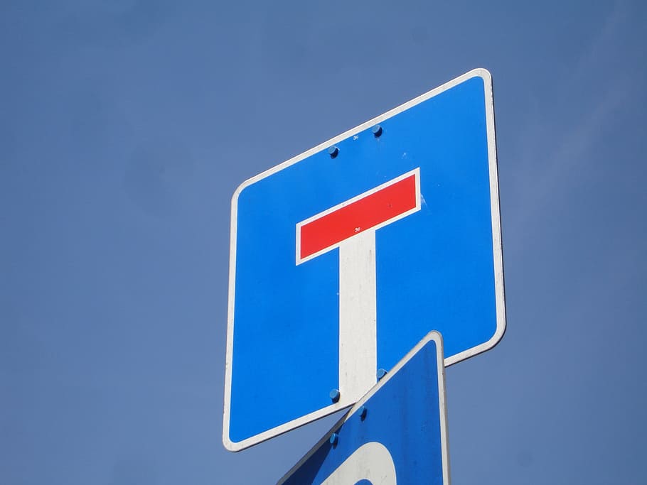 Dead End, Shield, Street Sign, traffic sign, rules of the road, road sign, blue, red, transportation, direction