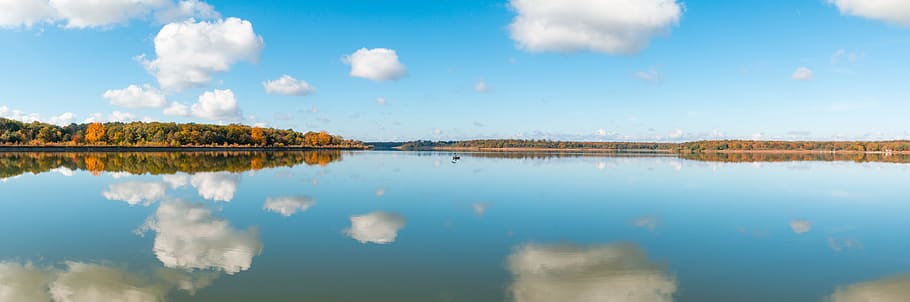 panorama photography, body, water, mirroring, perfect mirroring, autumn, clouds, blue, fishing boat, nature
