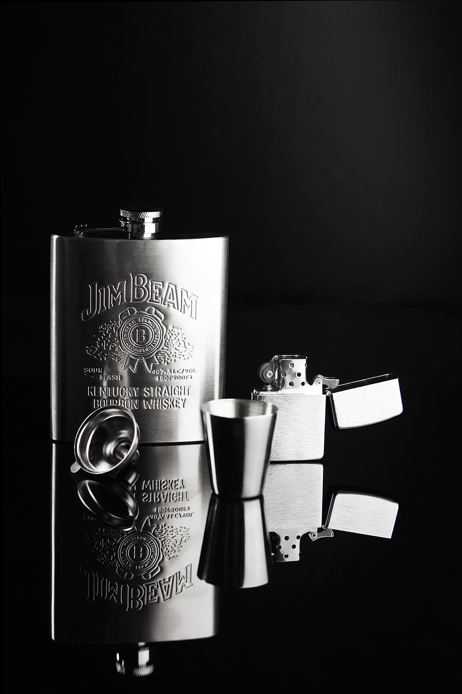 whiskey, reflector, alcohol, flagon, ji muliang, cigarette lighter, black and white, commercial photography, food and drink, cup