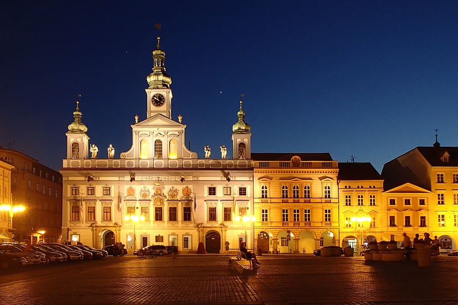 night, lights, city, building, monument, czech budejovice, old building, architecture, building exterior, built structure