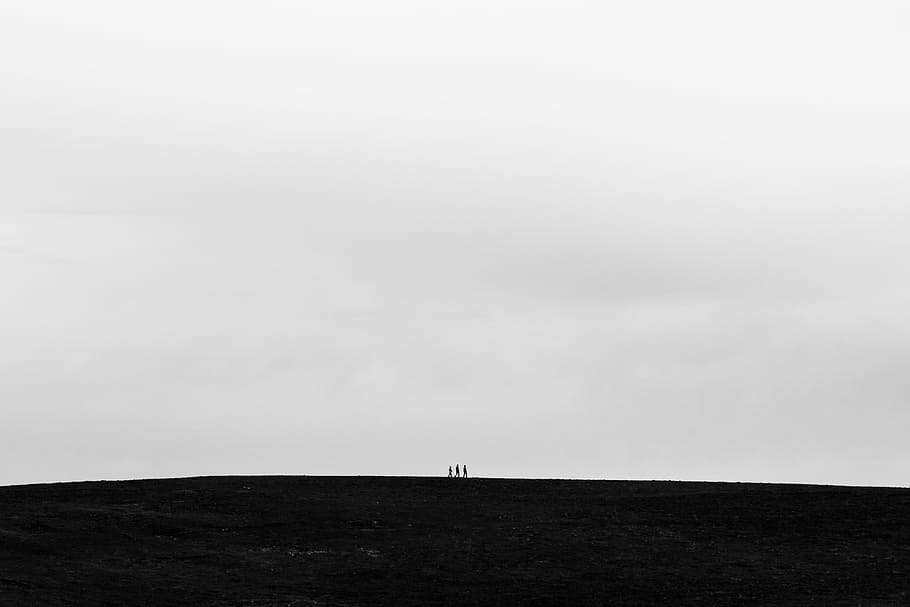 silhouette, three, people, gray, sky, daytime, landscape, mountain, highland, black