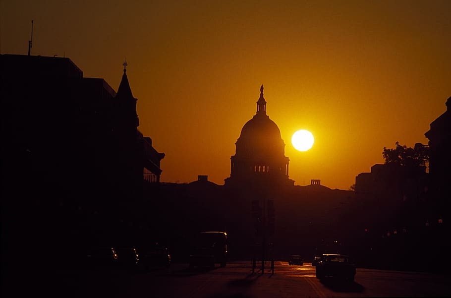 sunrise, capitol, building, sun, silhouettes, skyline, architecture, district of columbia, capital, government