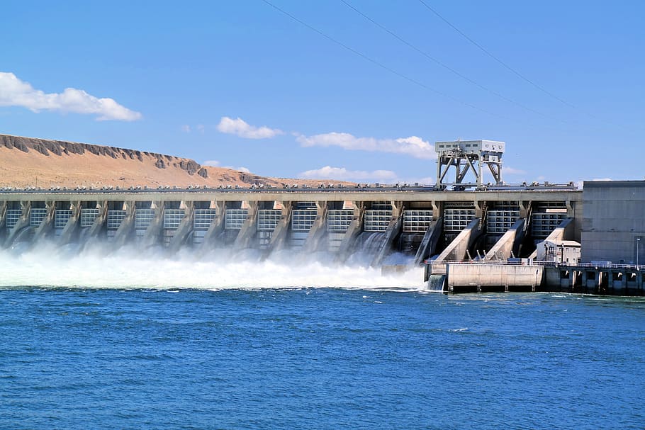 gray, concrete, building, daytime, dam, river, water, landscape, power, hydroelectric