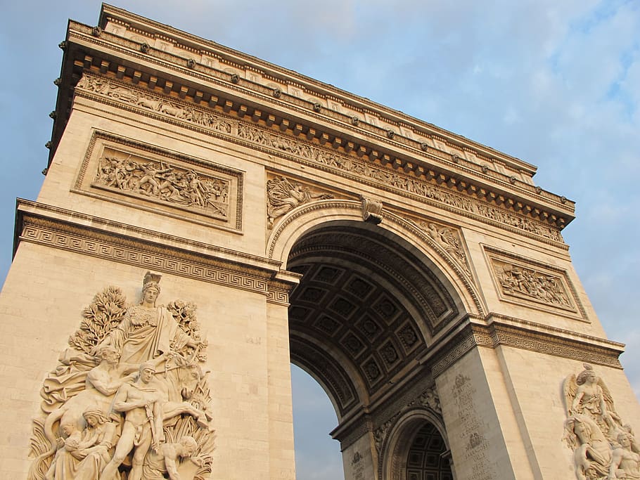 arch of triumph, paris, summer, sidebar, france, light, architecture, low angle view, triumphal arch, built structure