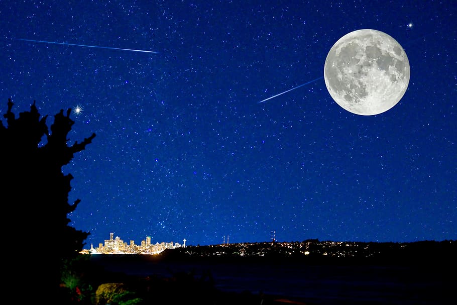Luna, pintura del cielo nocturno, paisaje nocturno, horizonte de la ciudad, mágico, luna llena, estrellas fugaces, estrellas, noche, resplandor