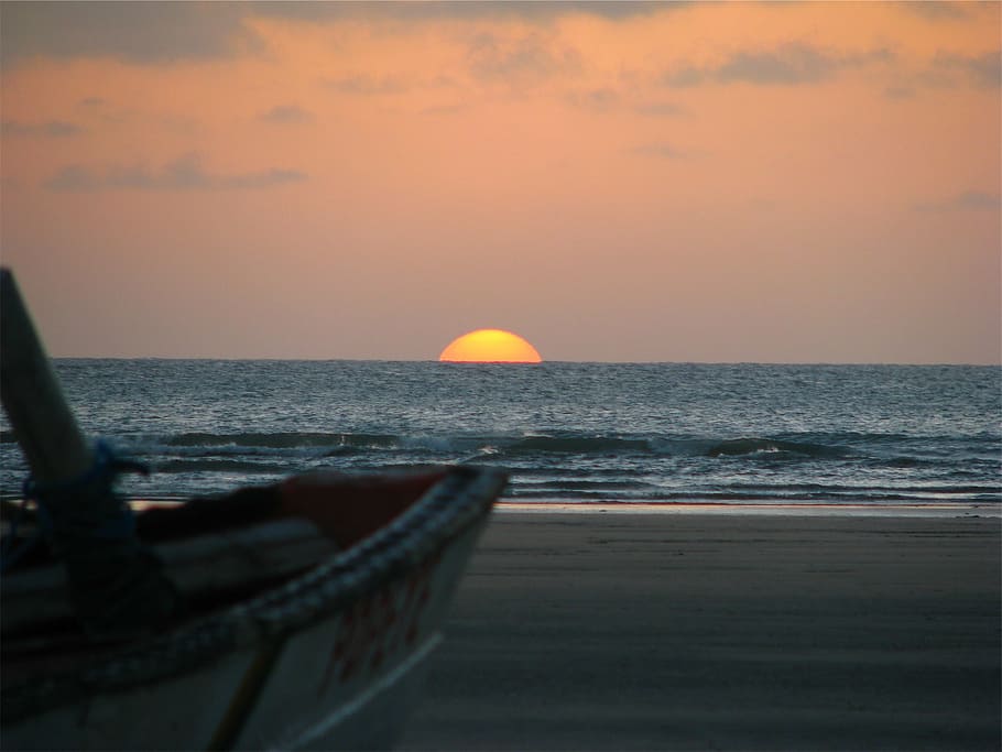sunset, horizon, photography, gray, boat, seashore, golden, hour, dusk, beach