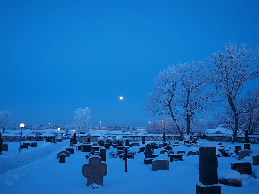 Musim dingin, Pemakaman, Salju, Malam, suhu dingin, cuaca, biru, beku, langit, alam