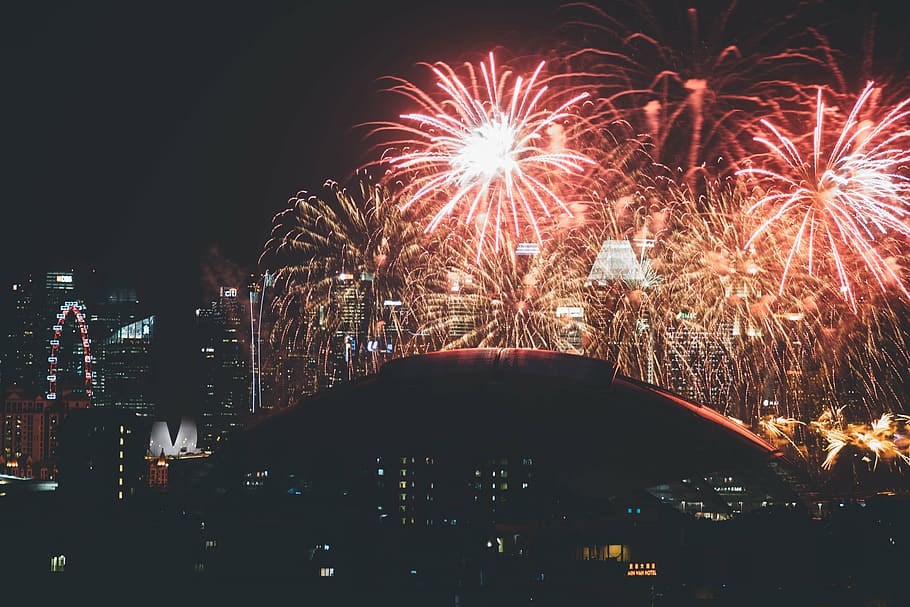 fireworks at night, sillhoutte, concrete, buildings, fireworks, city, urban, night, new year, lights