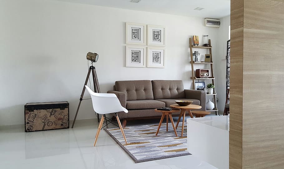 brown, 2-seat, 2- seat sofa, white, plastic chair, home, decor, interior, design, room