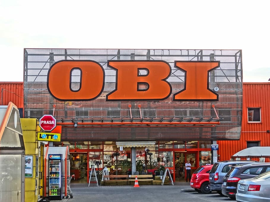 Obi, Bydgoszcz, Hardware Store, Shop, entrance, parking lot, front, text, neon, building exterior