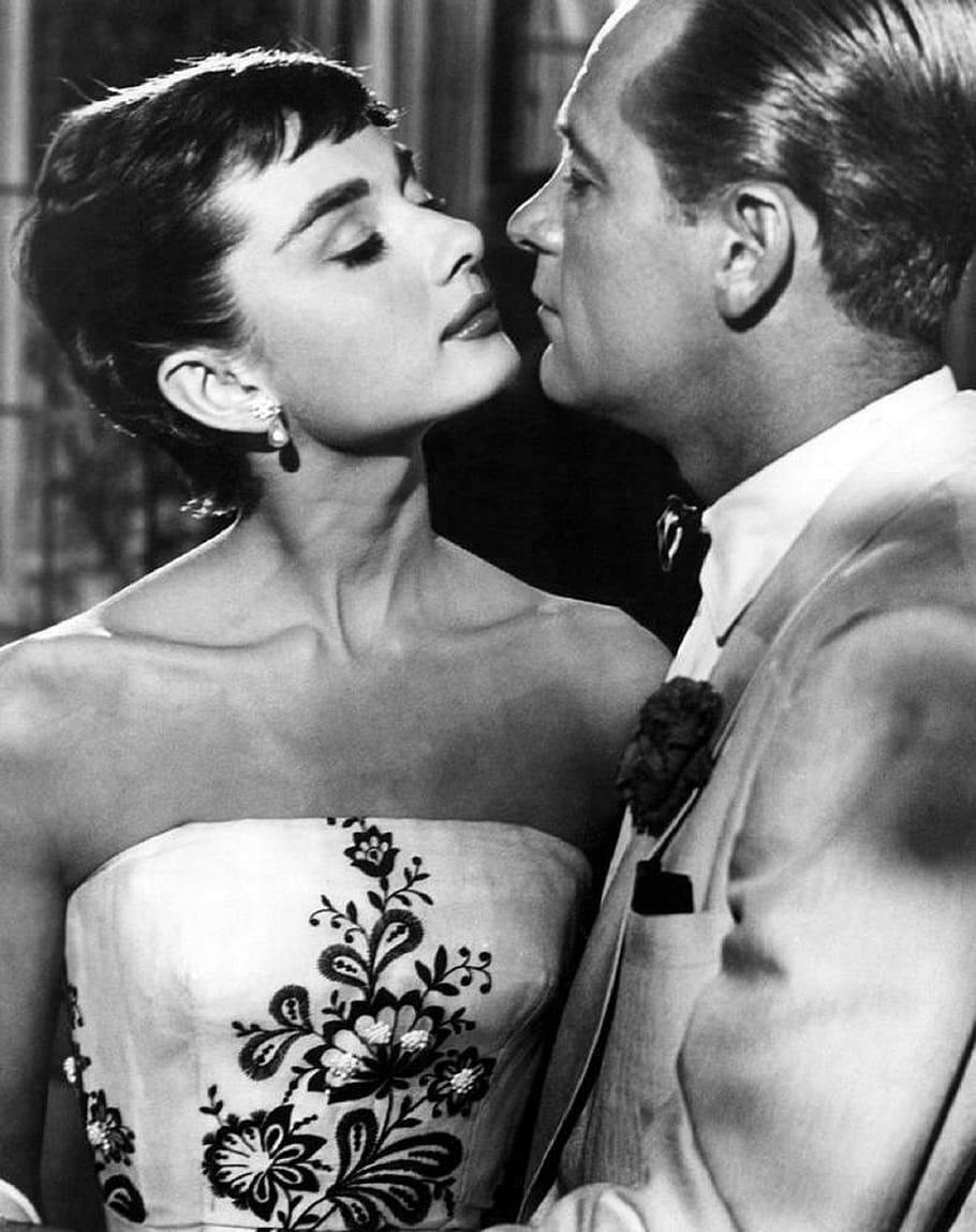grayscale photo, audrey hepburn, facing, man, william holden, actress, actor, vintage, movies, motion pictures