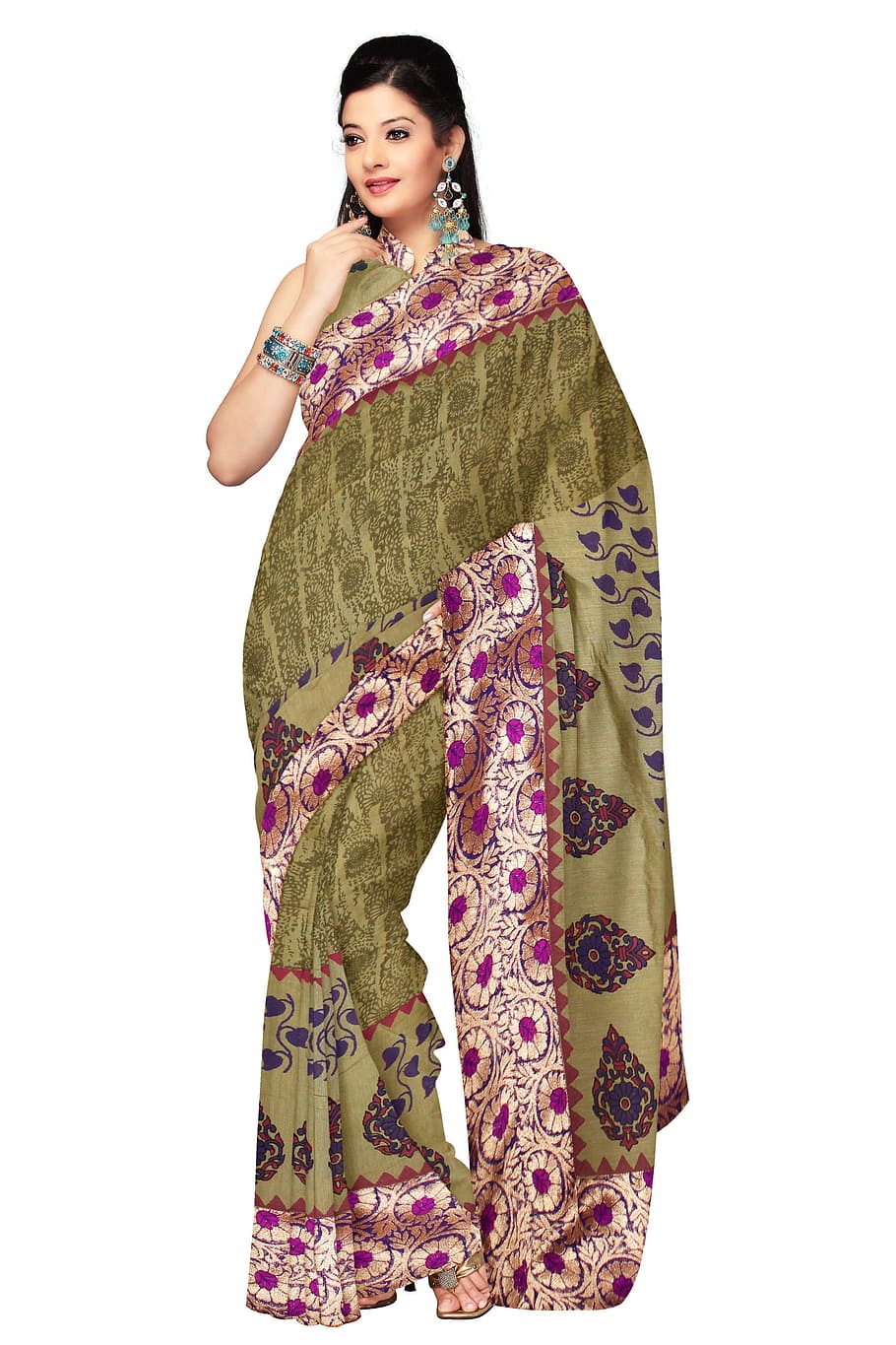 vistiendo, verde, rosa, vestido de sari, mujer, moda, sari, seda, vestido, modelo