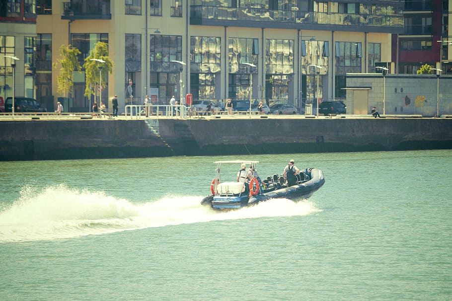 men, riding, speedboat, treading, big, canal, building, tag, boat, river