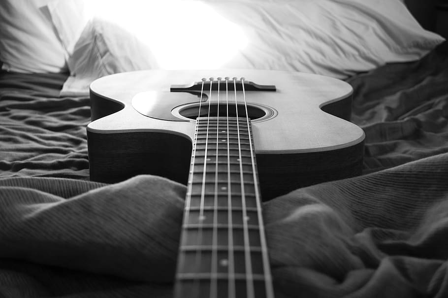 black and white, guitar, string, music, acoustic, instrument, bed sheet, pillow, musical instrument, string instrument