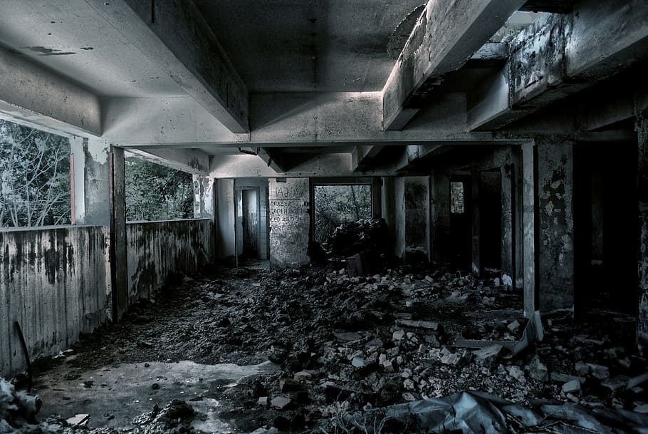 abandoned, concrete, building, surrounded, dirt, rocks, trees, daytime, tunnel, light