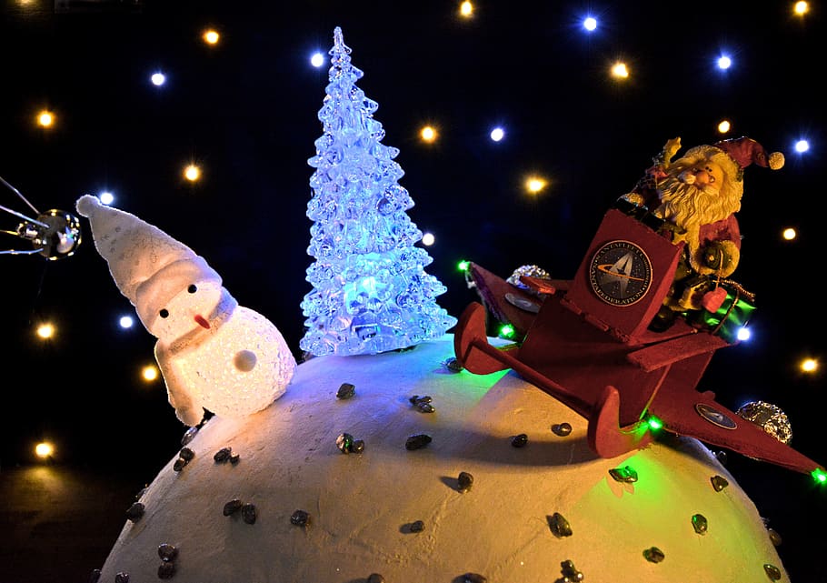 snowman, led, christmas tree, santa claus decors, christmas scene, santa, santa claus, nicholas, slide, rocket sled