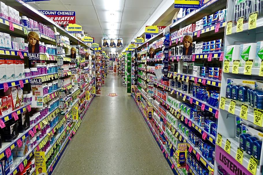 assorted, cosmetic, display, inside, building, Chemist, Shelving, Products, Drugstore, pharmacy
