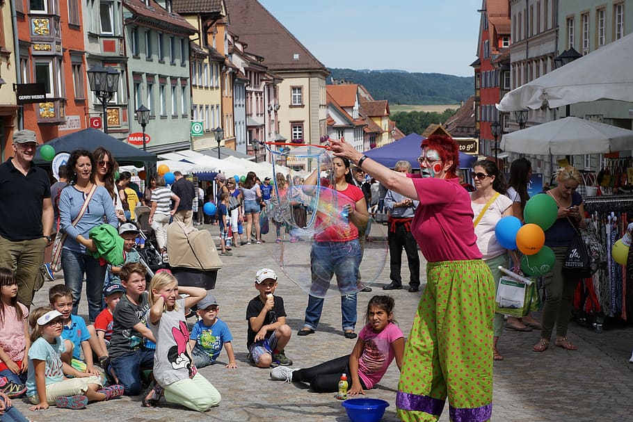 Clown, Rottweil, Children, funny, soap bubbles, fun, large group of people, crowd, people, adult