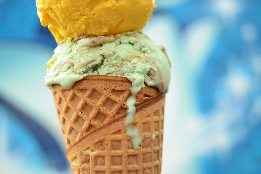 ice cream, cone, summer, cornet, kiosk, mango-melon, mint ice cream, food, food and drink, ice cream cone