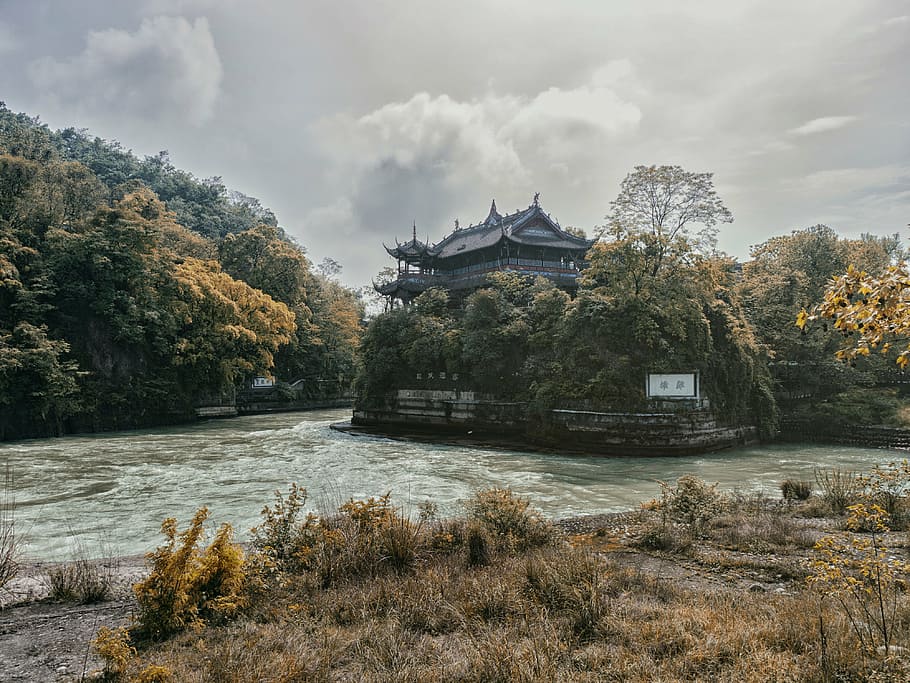 brown, house, trees, temple, near, river, mountains, daytime, lake, water