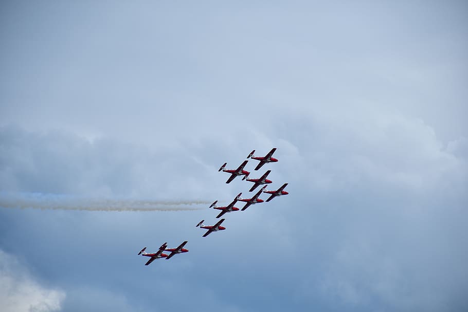 formation, synchronized flying, air, aviation, airshow, aerobatics, fighter, military, force, synchronized