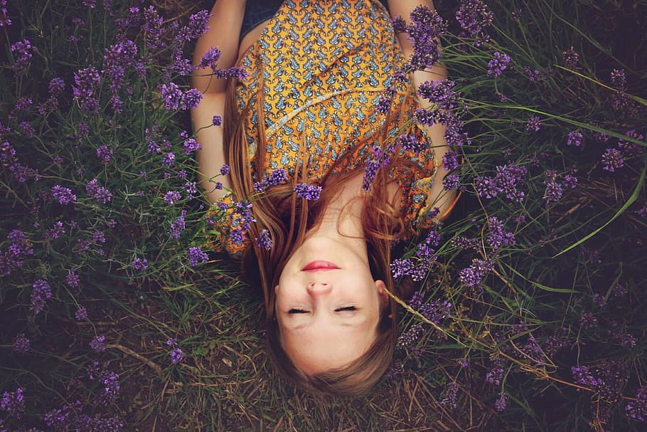 woman, lying, purple, flowers, girl, lavender, asleep, happiness, female, outdoors